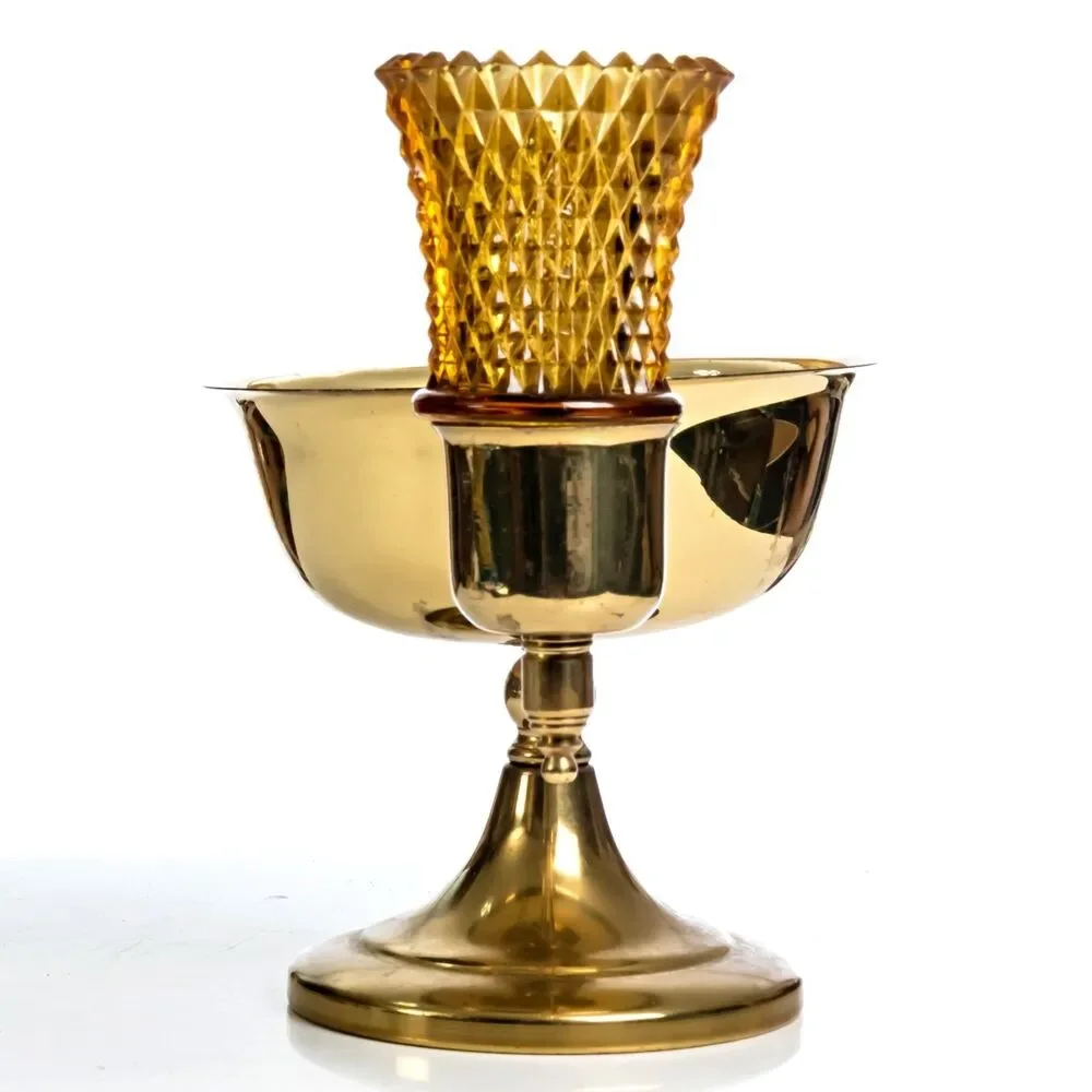 Brass Double Candle Holder with Hobnail Amber Glass Votives